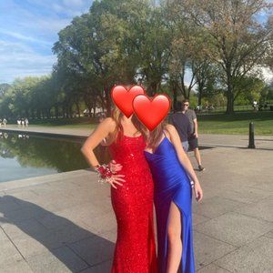 Primavera Couture Women's Lace-Up Open Back Red Prom Dress - Size 2